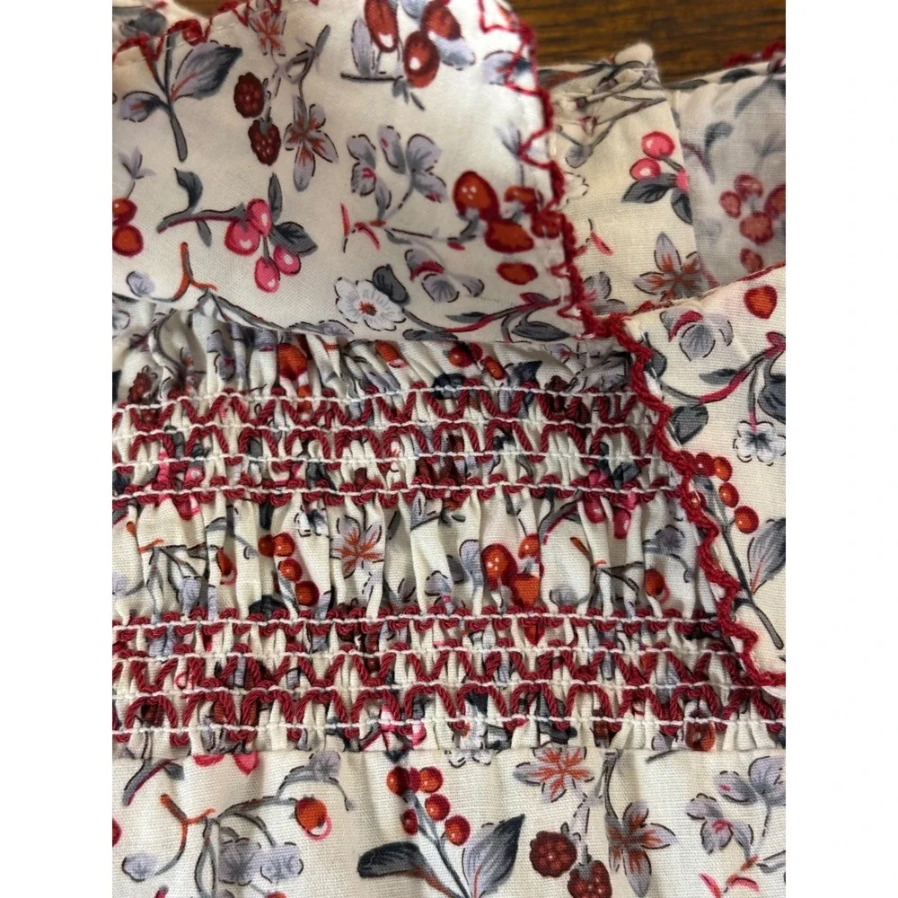 Girls Floral Berry Print Smocked Cotton Dress Peter Pan Collar Size 110 (5T)